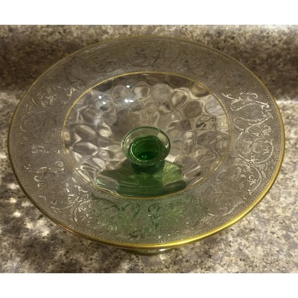 Vaseline Green Clear Glass Compote 24K Gold Rim Candy Trinket Dish MCM Vintage